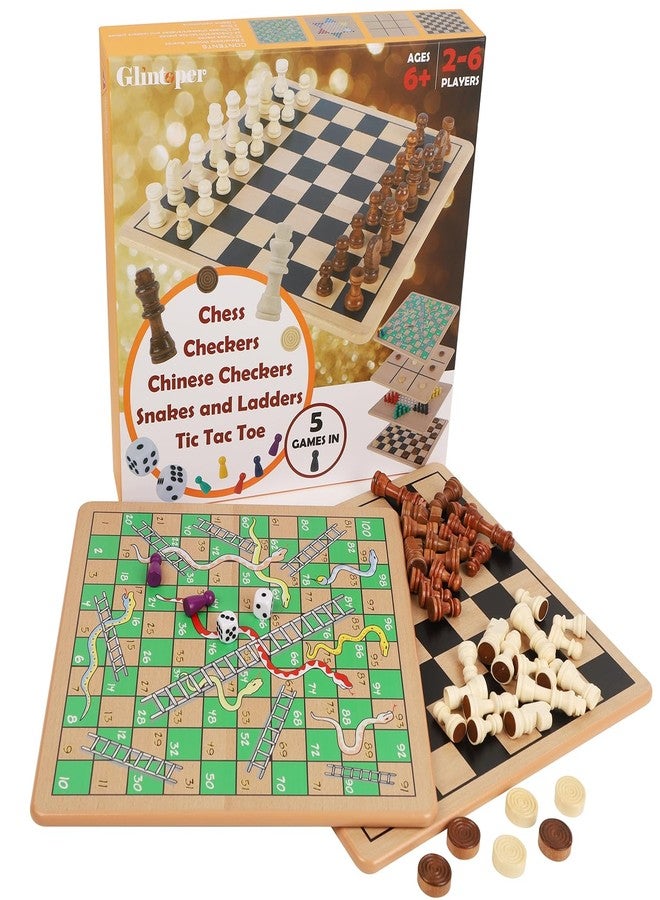 Glintoper 5-in-1 Wooden Board Game with 2 Reversible Boards for Chess, Checkers, Chinese Checkers, Snakes and Ladders, Tic Tac Toe, Tabletop Combo Classic Portable Board Games for Kids to Adult - Image 3
